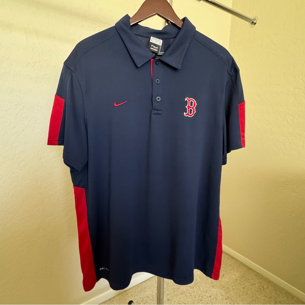 Nike Men's Navy Polo with Red Accents - Boston B Logo